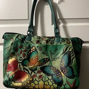 Anuschka Hand-Painted Butterfly Design Green Leather Tote